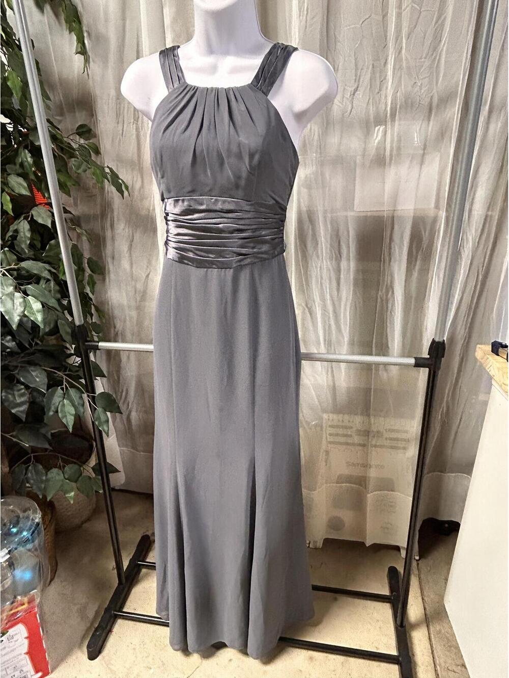 David's Bridal Gray Chiffon Formal Maxi Dress Halter Evening Gown Size 2